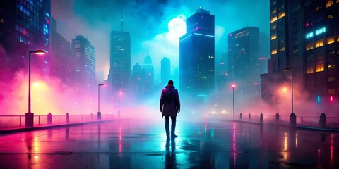 Fototapeta premium Ethereal fog envelops a lone figure walking through a vibrant, neon-lit cityscape at dusk, capturing the essence of nostalgia and wistful longing.