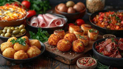 Traditional Spanish tapas. Croquettes olives on kitchen table
