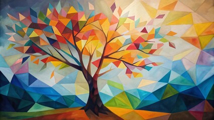 Painting of a tree with colorful leaves in the autumn