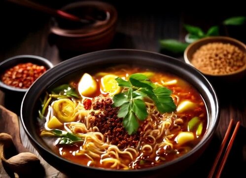 Delicious curry mee in a plate on a wooden table