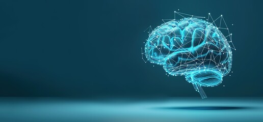 Abstract polygonal illustration of a human brain in blue tones. Concept for artificial intelligence, neurology, and mental health.