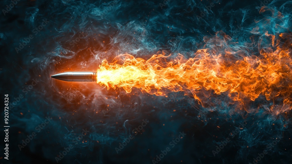 Aufkleber a bullet propels forward, engulfed in flames, creating a dramatic effect against a smoky backdrop