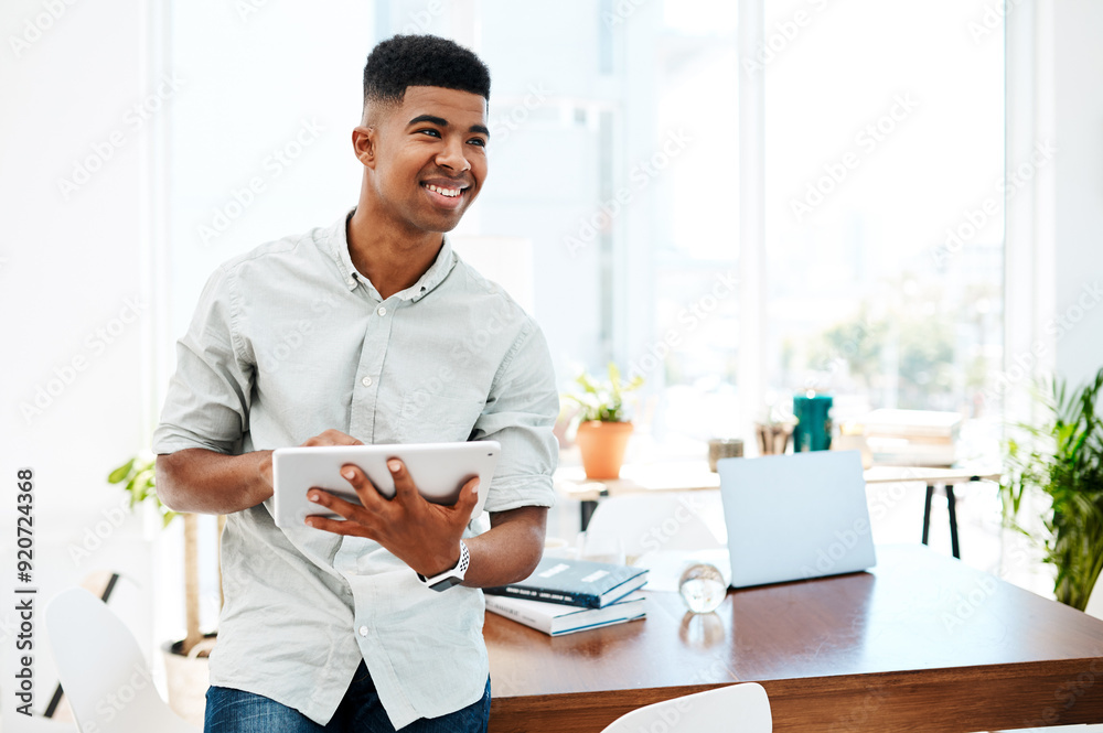 Leinwandbilder thinking, tablet and business man in office for planning, online networking and project for web desi