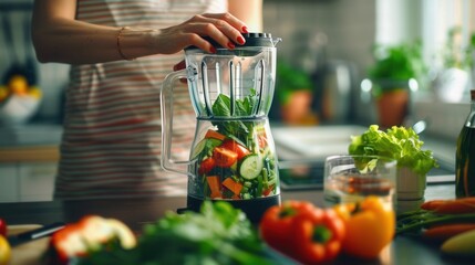 A female is making a healthy smoothie drink with a blender mixer in kitchen