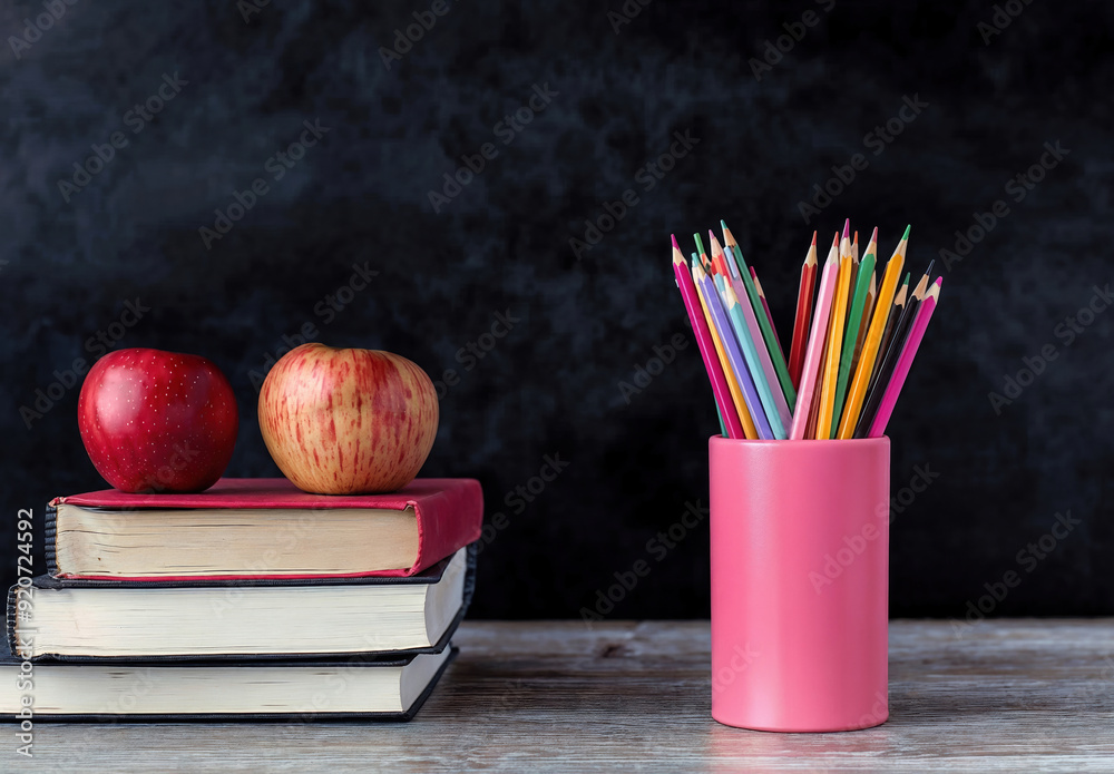 Aufkleber colorful pencils in pink container and red apples on books on desk with blackboard background