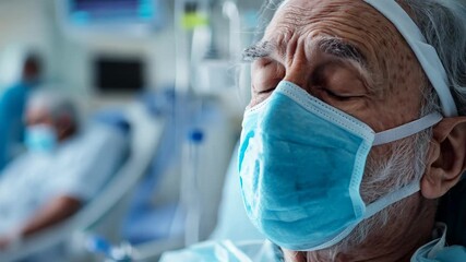 Sad elderly man rests in a hospital bed, wearing a mask while receiving medical attention during a health emergency