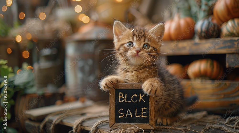 Canvas Prints Cute Kitten Holding a Black Friday Sale Sign