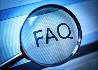 A blurred background of frequently asked questions on a computer screen with a magnifying glass highlighting a specific answer in the foreground.