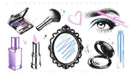 Cosmetic retro elements with photocopy stipple effect for collage art. Vector illustration of lipstick, frame, cream, powder, mascara, lashes, eye in halftone dotwork design for banner or poster, punk