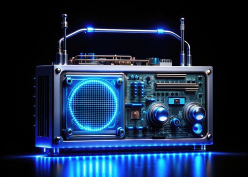 Modern radio frequency device with glowing blue LED lights and digital display screen, surrounded by wires and circuit boards, isolated on a black background.
