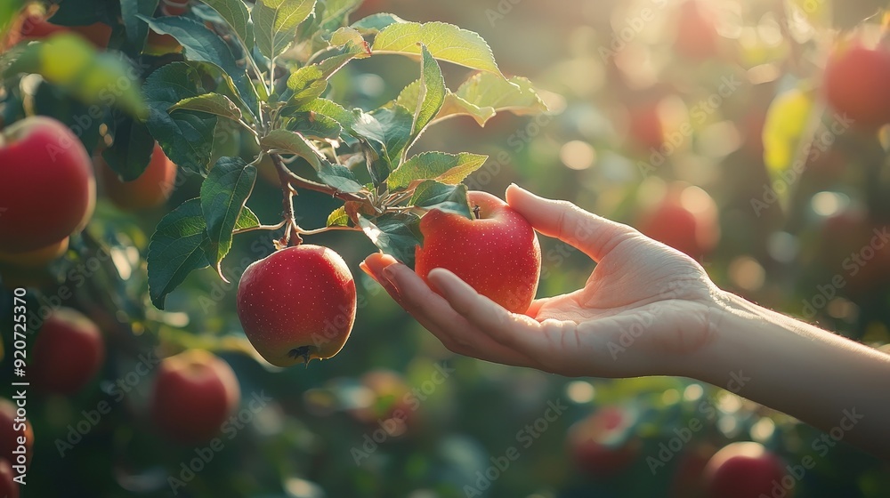 Poster a hand reaches for a bright red apple hanging on a tree, surrounded by a backdrop of other ripe appl