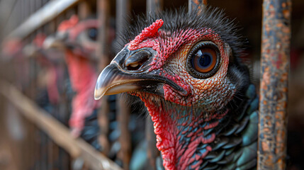 Turkeys in a cage side view