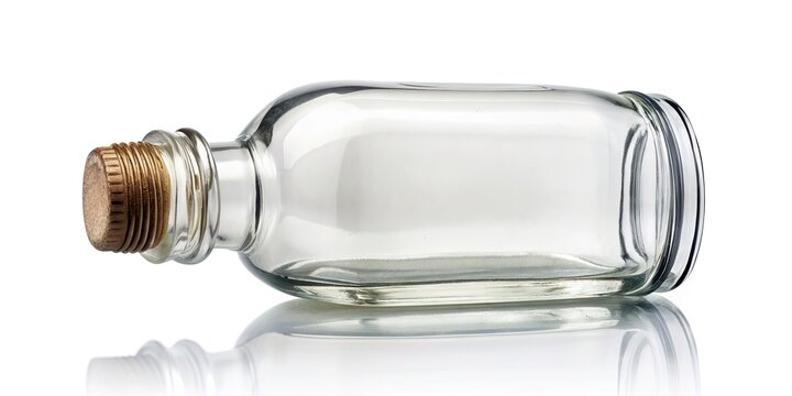 Delicately crafted small clear glass bottle with narrow neck and rounded body, empty and awaiting filling, sitting isolated on a soft white background.