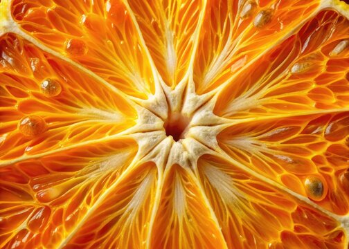 Macro shot of a sliced orange, revealing its vibrant pulp and intricate network of juicily filled vesicles, displaying the fascinating anatomy of the citrus fruit.
