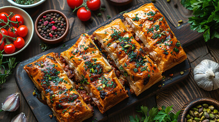 Turkish baklava with pistachios served on a plat top view