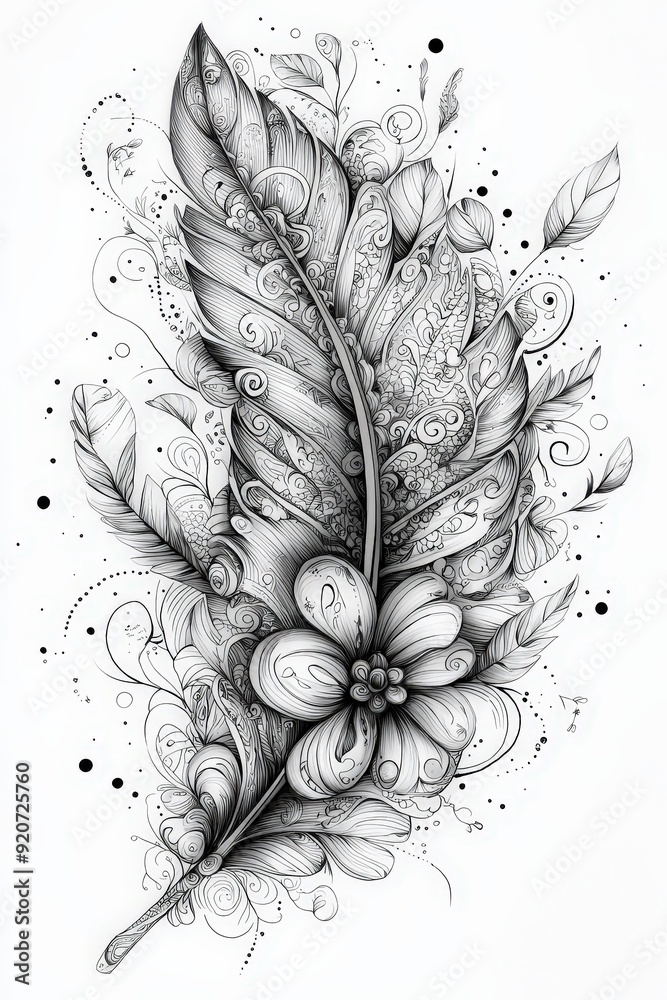 Poster an artistic representation featuring a large feather embellished with floral motifs and delicate swi