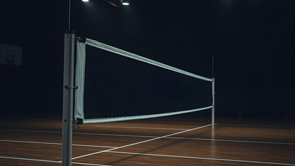 Sports theme, indoor volleyball court, angled view of detailed volleyball net with sturdy end posts, set against a dark background, subtly backlit, on an atmospheric poorly lit court, Generative AI