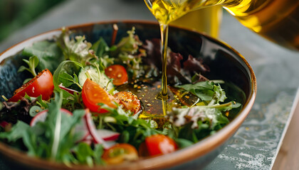 olive oil pouring into bowl of salad