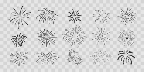 Set fireworks radial doodle line explosion circle sparkler with rays, hand drawn firecrackers simple and round decoration isolated on transprent background.
