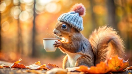 Obraz premium Funny smiling squirrel in a knitted hat with cup of tea lookung to the camera