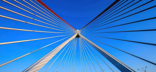 Low angle view of a suspension bridge against a bright blue sky. The bridge is made of steel cables and towers, and it appears to be very large.