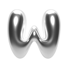 3D chrome bubble letter W in Y2K futuristic style. Shiny silver glossy surface with inflated liquid metal form. Isolated alphabet letter from trendy vector render font for modern typography and design