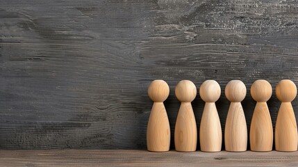 A lineup of wooden figures on a rustic wooden surface, perfect for themes of teamwork, unity, and community.