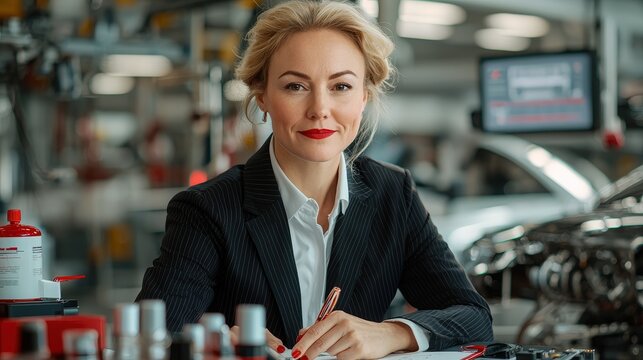 A female engineer reviews designs and plans in an automotive workshop, demonstrating her leadership and technical skills while surrounded by tools and vehicles - Powered by Adobe