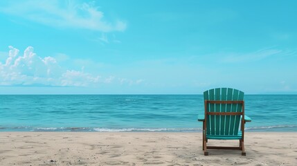 A serene beach scene featuring a turquoise chair facing a calm ocean under a clear blue sky, perfect for relaxation.