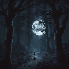 A dark, misty forest at night, lit only by the pale glow of the moon. A little girl in a black dress wanders alone among twisted trees with gnarled branches, ominous, spooky and scary ambient