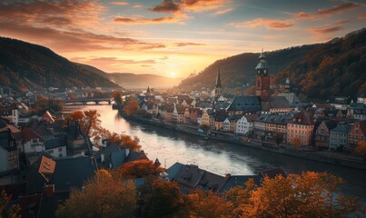 Historic town by the river at sunset: