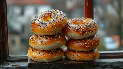 Turkish simit in the window isolated closeup 