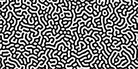 Fototapeta premium Abstract Turing organic wallpaper with background. Turing reaction diffusion monochrome seamless pattern with chaotic motion. Natural seamless line pattern. Linear design with biological shapes.