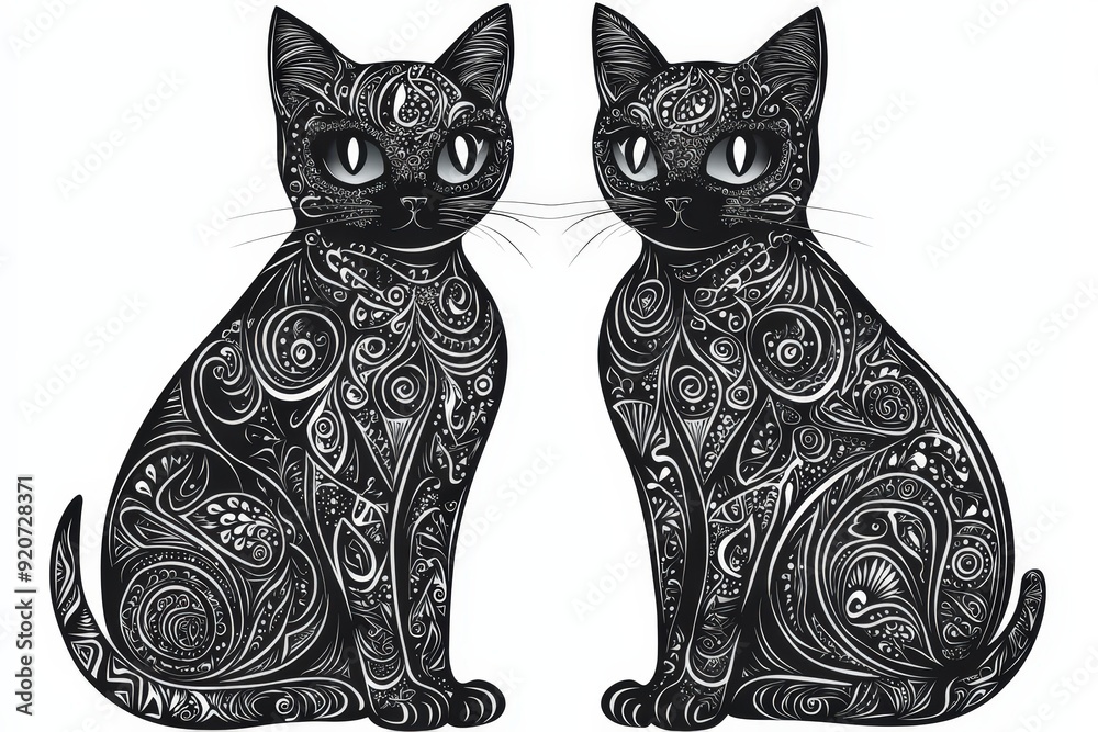 Poster Two black cats adorned with swirling decorative patterns are positioned closely together, showcasing their artistic features and captivating expressions