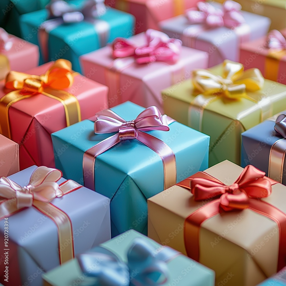 Poster Various pastel-colored gifts with ribbons are neatly arranged, creating a cheerful atmosphere in a well-lit space