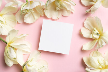Wedding square invitation or greeting card mockup with white tulips flowers, blank space for text or design