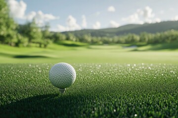 Golf Ball Resting on Tee Against Scenic Golf Course