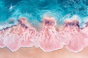 Tropical pink beach with waves. Aerial view of the beach ocean,Coral beach, internet celebrity beach