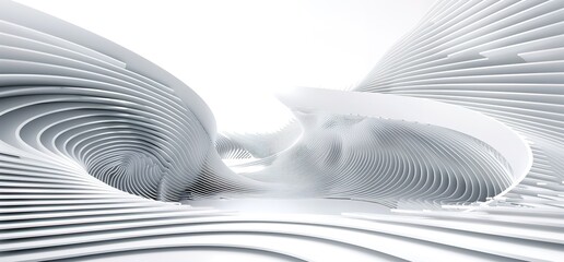 Abstract 3D render of a white, futuristic, curved, and layered structure. A contemporary design with a sense of depth and space. Perfect for futuristic, technology, or architecture backgrounds.