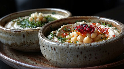 Two bowels of hummus on brown dish