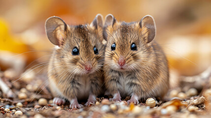 Two mouses gossiping talking to each other on ground