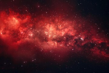 Stunning view of a vast red nebula, possibly a galaxy or stellar nursery, with a backdrop of dark space and stars.