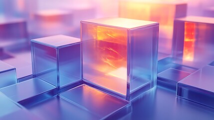 Obraz premium Abstract shot of translucent glass cubes in vivid colors, suitable for technology, innovation, and artificial intelligence themes in marketing materials, presentations, and digital designs,