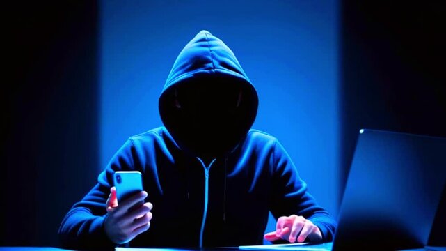 Mysterious Cyber Activity: Shrouded Figure in Dark Hoodie Engaged with Smartphone and Modern Laptop Against a Deep Blue Gradient Background