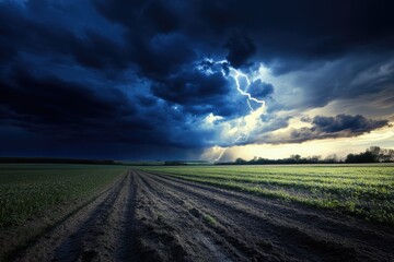 Lightning Bolts Illuminating Rural Farmland During Thunderstorm