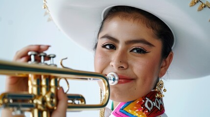 Young female musician playing trumpet with traditional attire, showcasing Mexican culture.