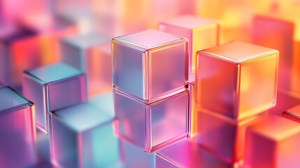 Obraz premium Colorful and transparent 3D cubes arranged in a vibrant and abstract pattern, ideal for use in futuristic design concepts, technology backgrounds, and creative presentations