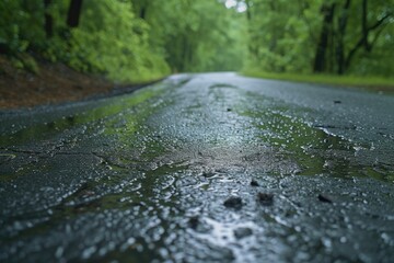 Narrow, wet road with droplets on the asphalt after rain.