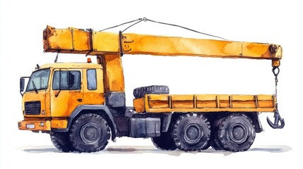 Fototapeta premium Charming and whimsical cartoon style watercolor of a cheerful crane truck with a hook isolated on a clean white background This playful adorable design evokes a sense of joy
