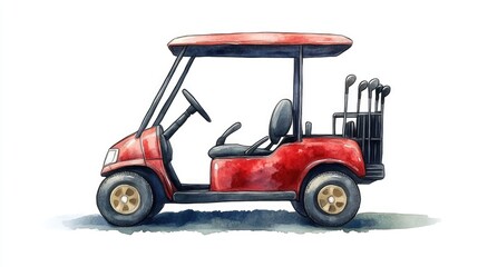 Fototapeta premium Cheerful Cartoon Golf Cart with Clubs on White Background Colorful Watercolor of a Smiling Golf Vehicle with Sports Equipment